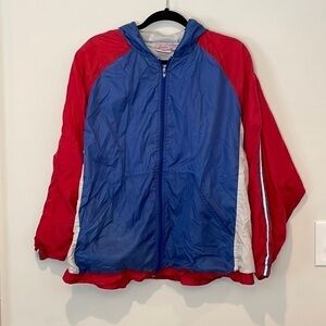 Vintage Patriotic Windbreaker Full Zip JACKET With Hood . Red White And Blue